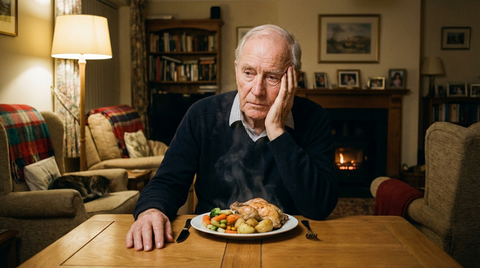Ein älterer Herr sitzt nachdenklich an einem Esstisch in einem gemütlichen Wohnzimmer. Vor ihm steht ein unangetasteter Teller mit Essen. Sanftes, leicht gedimmtes Licht, realistische Darstellung, Fokus auf die nachdenkliche Stimmung.