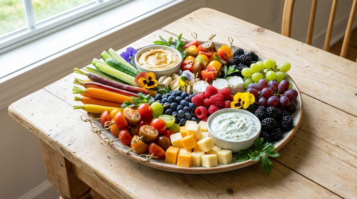 Ein farbenfroher, appetitlich angerichteter Teller mit kleinen, mundgerechten Snacks. Darunter Gemüsesticks, kleine Käsewürfel und frische Beeren auf einem hellen Holztisch. Tageslicht, einladende und frische Atmosphäre.