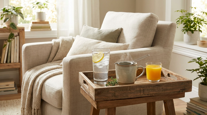 Ein ansprechendes Tablett mit verschiedenen Getränken: Ein Glas Wasser mit Zitronenscheibe, eine Tasse Kräutertee und ein kleines Glas Orangensaft. Das Tablett steht auf einem Beistelltisch neben einem gemütlichen Sessel. Helle, freundliche Umgebung.