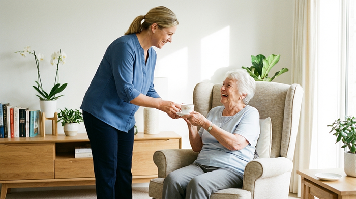 Eine freundliche Pflegekraft in dezenter, professioneller Kleidung reicht einer lächelnden älteren Dame eine Tasse Tee im Wohnzimmer. Vertrauensvolle Interaktion, helle und saubere Umgebung, realistisch, keine Texte.