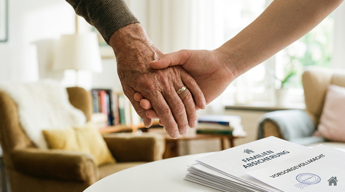 Zwei Hände, eine ältere und eine jüngere, halten sich vertrauensvoll. Im Hintergrund ein unscharfes, helles Wohnzimmer. Ein Symbol für familiären Rückhalt und rechtliche Absicherung.