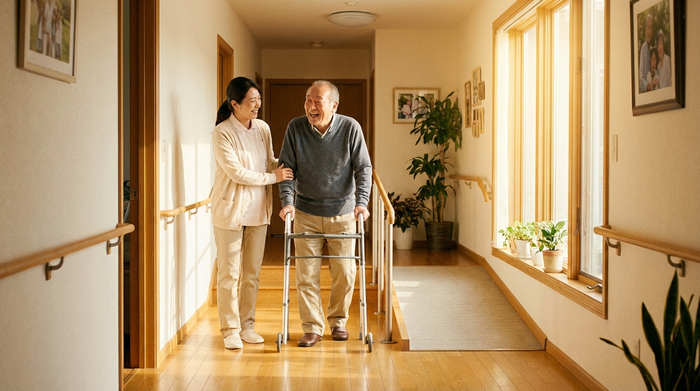 Eine freundliche Pflegekraft hilft einem lächelnden älteren Herrn beim Gehen im eigenen, barrierefreien Flur. Warmer Lichteinfall, saubere und sichere häusliche Umgebung.
