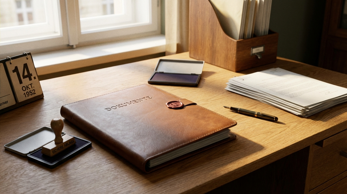 Ein gut organisierter Schreibtisch mit einer eleganten Dokumentenmappe und einem Stempel. Alles ist ordentlich abgelegt, bereit für die sichere Aufbewahrung.