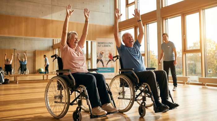 Zwei fröhliche Senioren in Rollstühlen bei einer gemeinsamen Gymnastikübung in einer hellen, modernen Sporthalle. Sie strecken die Arme nach oben. Warme Beleuchtung, realistische und motivierende Szene.