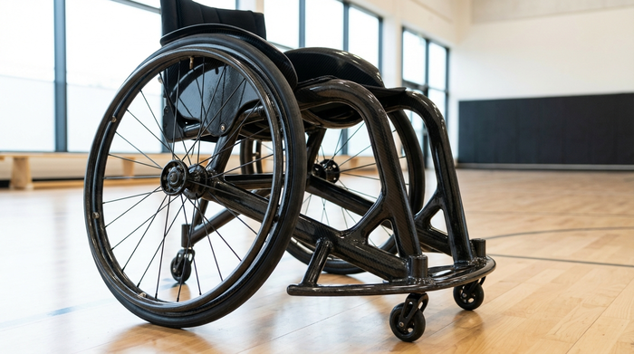 Ein eleganter, ultraleichter Sportrollstuhl aus glänzendem Carbon mit schräg gestellten Rädern, isoliert auf einem sauberen Holzboden in einer Sporthalle. Hochwertige Fotografie, Fokus auf die stabilen Räder und das sportliche Design.