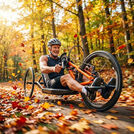 Ein agiler Senior fährt an einem sonnigen Herbsttag mit einem modernen Handbike durch einen bunten Waldpark. Dynamische Perspektive, klare Farben und fallendes Laub.