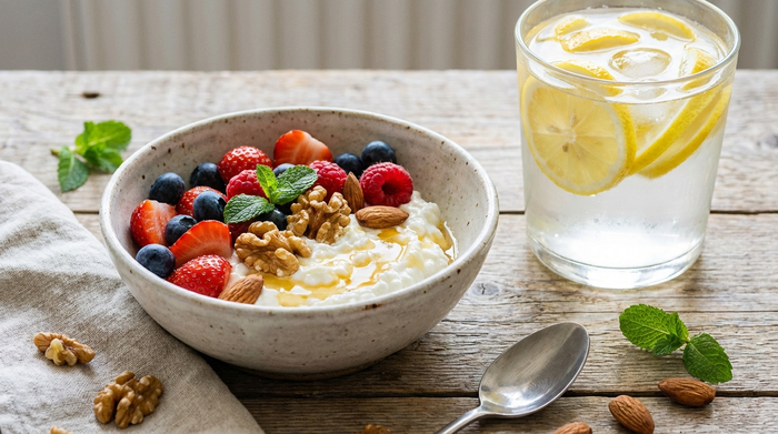 Ein frischer, gesunder Snack auf einem rustikalen Holztisch: Eine Schüssel mit Magerquark, frischen Beeren und Nüssen, daneben ein großes Glas Wasser mit Zitronenscheiben. Helle, einladende Food-Fotografie.