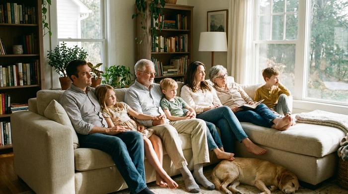 Eine große Familie aus drei verschiedenen Generationen sitzt harmonisch zusammen auf einem bequemen Sofa in einem lichtdurchfluteten Raum. Die Stimmung ist friedlich und nachdenklich, ohne erkennbare Konflikte.