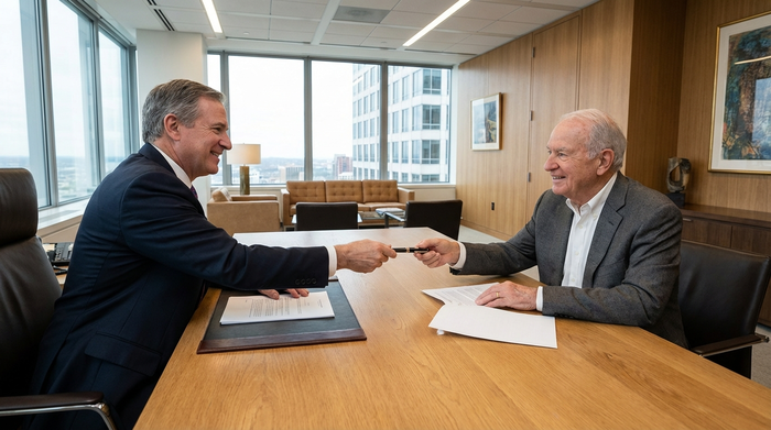 Ein seriöser, freundlicher Notar in einem gepflegten dunklen Anzug sitzt an einem massiven Eichenholzschreibtisch in einem modernen Büro. Er reicht einem älteren Herrn respektvoll einen eleganten Stift.
