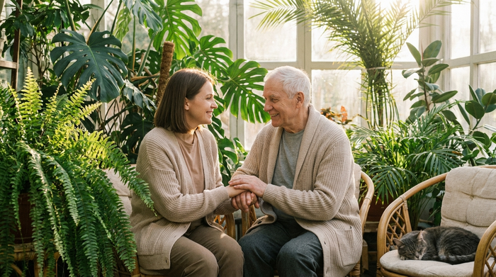Eine liebevolle erwachsene Tochter hält sanft die Hände ihres älteren Vaters. Beide sitzen nah beieinander in einem hellen Wintergarten, umgeben von gepflegten grünen Zimmerpflanzen.