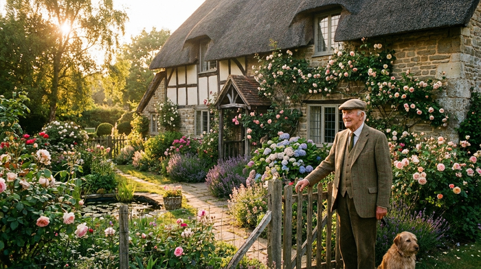 Ein idyllisches Einfamilienhaus mit einem blühenden Vorgarten im sanften Nachmittagslicht. Ein älterer Herr steht stolz am Gartentor und blickt zufrieden auf das Gebäude.