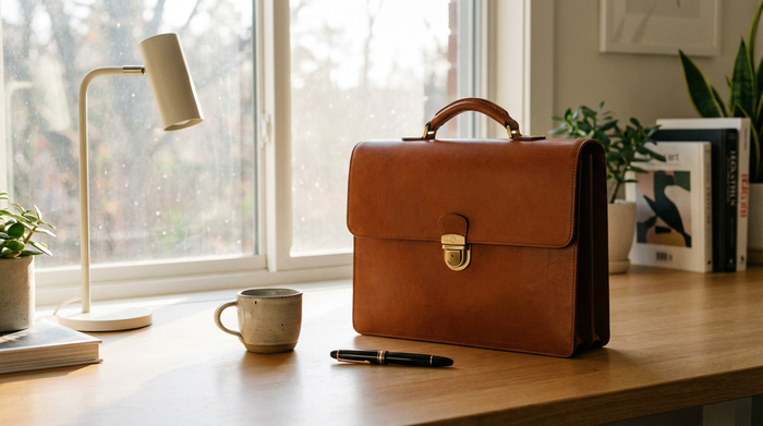 Ein stilvoller Aktenordner liegt auf einem aufgeräumten Schreibtisch neben einer Tasse Kaffee und einem edlen Füllfederhalter. Weiches Tageslicht fällt durch das Fenster und erzeugt eine ruhige Arbeitsatmosphäre.