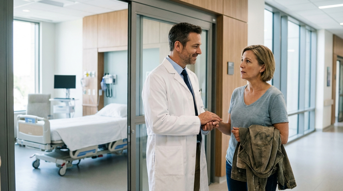 Ein fürsorglicher Arzt in weißem Kittel spricht beruhigend mit einer besorgten Angehörigen auf dem hellen Flur eines modernen Krankenhauses. Im Hintergrund ist leicht verschwommen ein sauberes Patientenzimmer erkennbar.