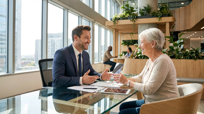 Ein freundlicher Bankberater im Anzug sitzt einer älteren Dame an einem gläsernen Schreibtisch in einer modernen Bankfiliale gegenüber. Beide lächeln und besprechen entspannt finanzielle Angelegenheiten.