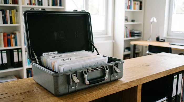 Eine geöffnete, feuerfeste Dokumentenkassette steht auf einem massiven Holzregal, darin liegen ordentlich sortierte Papiere. Ein helles, aufgeräumtes Arbeitszimmer ist im unscharfen Hintergrund zu sehen.