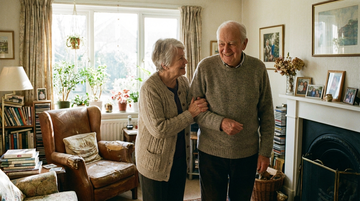 Eine liebevolle Pflegekraft unterstützt einen lächelnden älteren Herrn behutsam beim Gehen in seinem eigenen, gemütlich eingerichteten Wohnzimmer. Helle, freundliche und vertrauensvolle Umgebung.