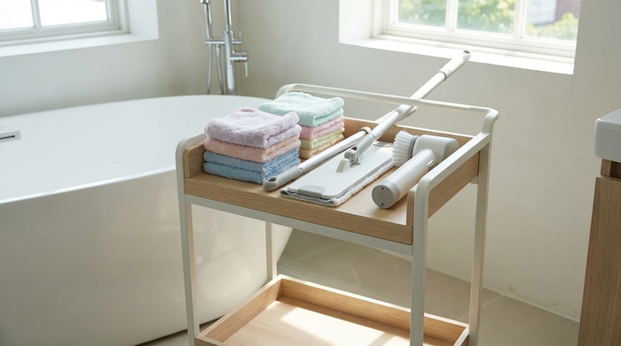 Ein moderner, kleiner Reinigungswagen im Badezimmer, auf dem übersichtlich weiche Mikrofasertücher, ein Flachwischer mit Teleskopstiel und eine elektrische Reinigungsbürste auf hüfthoher Ebene bereitliegen.