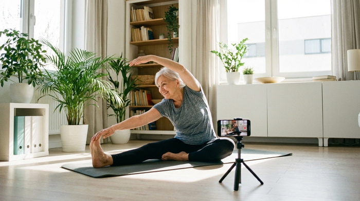 Eine rüstige Seniorin macht auf einer Gymnastikmatte im hellen Wohnzimmer leichte Dehnübungen, während ein Smartphone auf einem kleinen Stativ vor ihr steht. Realistische Szene, Tageslicht, saubere Umgebung.