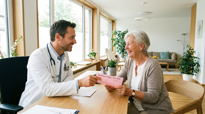 Ein freundlicher Arzt in weißem Kittel sitzt an seinem Schreibtisch und überreicht einer älteren Patientin lächelnd ein rosafarbenes Rezept. Helle, moderne Arztpraxis, vertrauensvolle Stimmung.