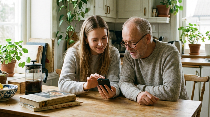 Eine jüngere Frau und ihr älterer Vater sitzen gemeinsam am Küchentisch und schauen konzentriert, aber entspannt auf ein Smartphone. Sie tippt sanft auf den Bildschirm, um ihm etwas zu erklären.