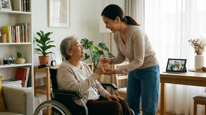 Eine liebevolle Pflegesituation zu Hause. Eine erwachsene Tochter reicht ihrer älteren Mutter im Rollstuhl ein Glas Wasser, im Hintergrund liegt ein Tablet auf dem Tisch. Friedliche, unterstützende Atmosphäre.
