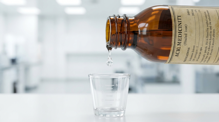 Eine braune Medizinglasflasche wird in einem exakten 90-Grad-Winkel über einen kleinen Medizinbecher aus Glas gehalten, ein einzelner klarer Tropfen fällt gerade herab. Heller, steriler Hintergrund, fotorealistisch, Makroaufnahme.