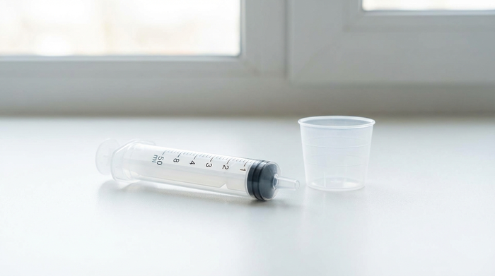 Eine saubere, transparente Dosierspritze aus Kunststoff ohne Nadel liegt neben einem kleinen Plastikmessbecher auf einem weißen Tisch. Sanftes Tageslicht, medizinischer Kontext, keine Beschriftungen.