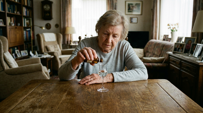 Eine ältere Person mit zittrigen Händen stützt den Arm auf einen stabilen Holztisch, um vorsichtig Tropfen aus einer kleinen Flasche in ein standsicheres Schnapsglas zu geben. Gemütliches Wohnzimmer im Hintergrund, realistisch.