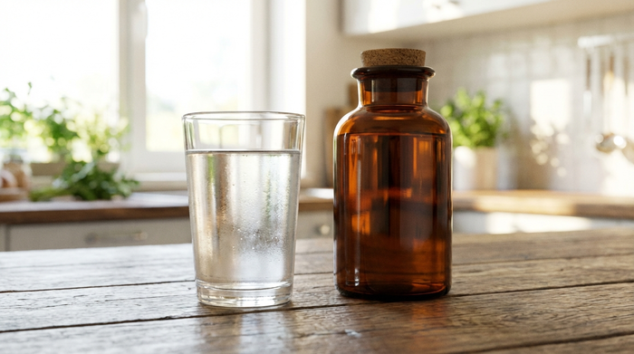 Ein frisches, klares Glas mit stillem Wasser steht auf einem Küchentisch neben einer geschlossenen Medikamentenflasche. Helles, freundliches Licht, keine Etiketten oder Text, fotorealistisch.