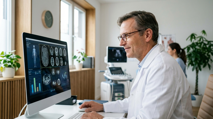 Ein freundlicher Arzt mittleren Alters in einem weißen Kittel schaut konzentriert auf einen modernen Computermonitor in einer hellen, aufgeräumten Klinik. Im Hintergrund stehen verschwommene medizinische Geräte.
