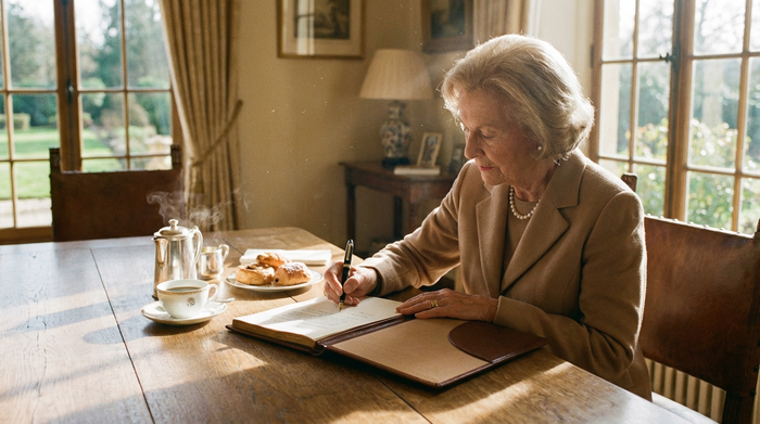 Eine elegante ältere Dame sitzt an einem massiven Holztisch und unterschreibt mit einem edlen Füllfederhalter ein wichtiges Dokument. Neben ihr steht eine Tasse dampfender Kaffee in einem sonnendurchfluteten Raum.