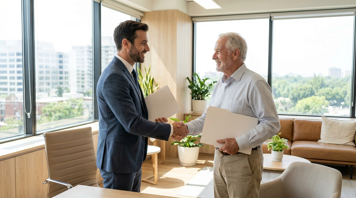 Ein professioneller, sympathischer Notar im Anzug sitzt in einem modernen Büro und reicht einem lächelnden älteren Herrn freundlich die Hand. Helle, vertrauenserweckende Umgebung ohne lesbare Dokumente.