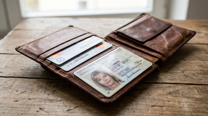 Eine geöffnete braune Ledergeldbörse liegt auf einem Holztisch. Darin stecken gut sichtbar zwei Plastikkarten im Scheckkartenformat. Sanftes, natürliches Licht, fokussierte Nahaufnahme auf die Kartenfächer.
