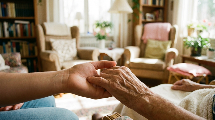 Zwei Hände, eine junge und eine ältere, halten sich vertrauensvoll. Im Hintergrund ist unscharf ein helles, freundliches Zimmer zu erkennen, das tiefe Geborgenheit ausstrahlt.