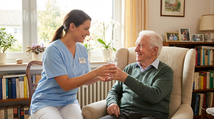 Eine professionelle Pflegekraft in blauer Dienstkleidung reicht einem lächelnden Senior ein Glas Wasser. Die Szene ist hell, freundlich und zeigt eine respektvolle Pflegesituation zu Hause.