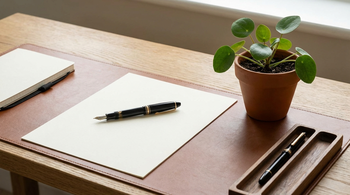 Ein ordentlich sortierter Schreibtisch mit einem eleganten Füllfederhalter, der auf einem sauberen, unbeschriebenen Blatt Papier liegt. Daneben steht eine kleine grüne Pflanze im hellen Tageslicht.