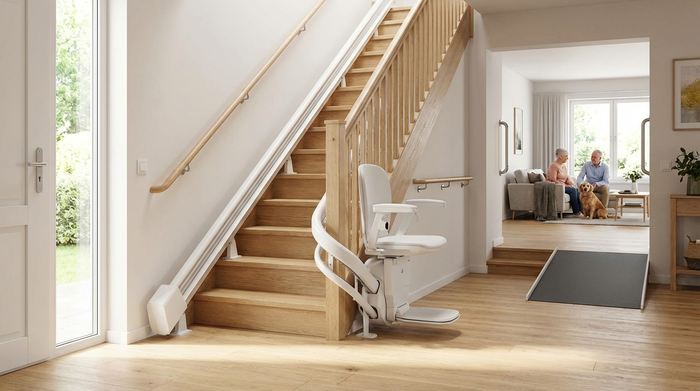 Ein moderner, sauberer Treppenlift an einer hellen Holztreppe in einem gepflegten Einfamilienhaus. Die Umgebung ist einladend, sicher und vollständig barrierefrei gestaltet.