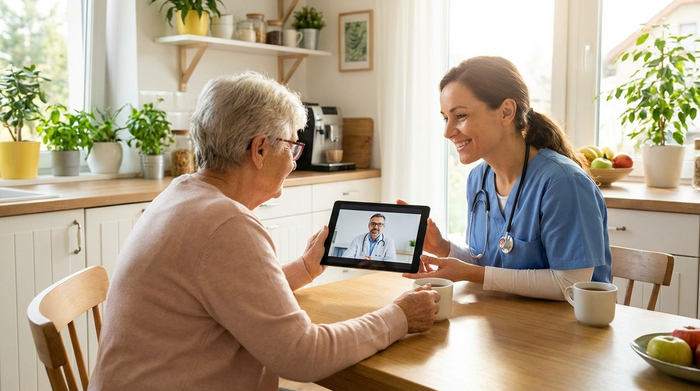 Eine fürsorgliche Pflegekraft und eine ältere Dame sitzen gemeinsam an einem Esstisch und schauen auf ein Tablet. Die Pflegekraft unterstützt die Seniorin bei der digitalen Arztkonsultation. Helle, freundliche Atmosphäre.