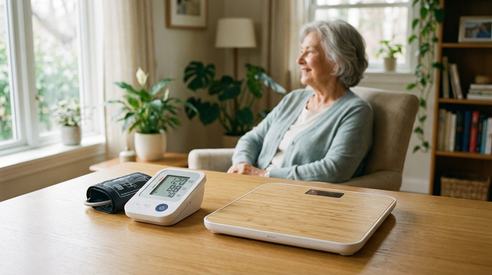 Ein modernes Blutdruckmessgerät und eine digitale Waage stehen auf einem aufgeräumten Tisch in einem gemütlichen Zuhause. Im Hintergrund sieht man unscharf eine ältere Frau, die entspannt aus dem Fenster schaut.