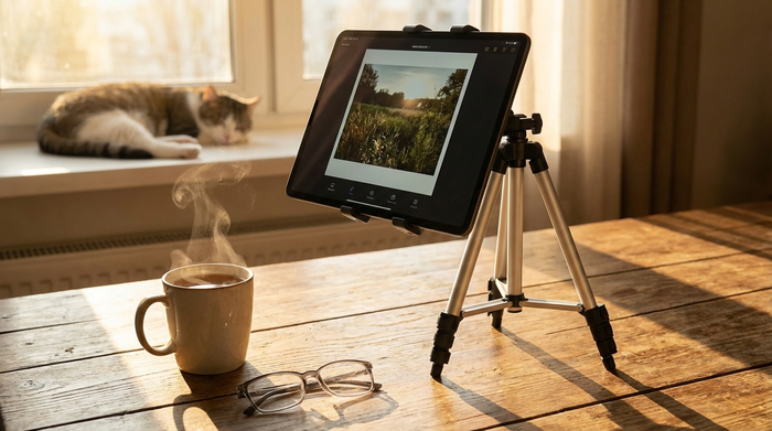 Ein modernes Tablet steht sicher auf einem Stativ auf einem Holztisch, daneben eine Tasse Tee und eine saubere Brille. Warmes Sonnenlicht fällt durch das Fenster und beleuchtet die Szene.