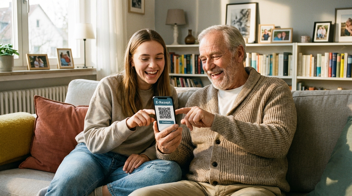 Eine lächelnde Tochter sitzt neben ihrem älteren Vater auf dem Sofa. Gemeinsam bedienen sie ein Smartphone, um ein E-Rezept einzulösen. Beide wirken entspannt und glücklich über die einfache Technik.
