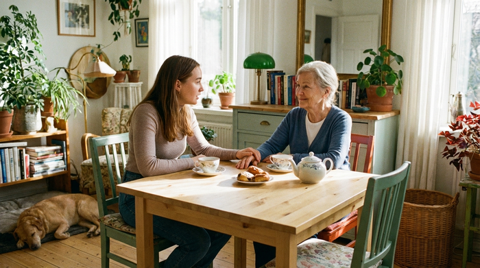 Zwei Personen sitzen entspannt bei einer Tasse Tee an einem hellen Holztisch. Eine jüngere Frau spricht einfühlsam und zugewandt mit einer älteren Dame, die beruhigt lächelt. Wohnliche, vertrauensvolle Atmosphäre.