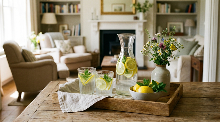 Ein ansprechend arrangiertes Tablett mit einer Glaskaraffe voll frischem Wasser, garniert mit Zitronenscheiben, und zwei gefüllten Gläsern auf einem Tisch. Im Hintergrund unscharf ein gemütliches Wohnzimmer im Tageslicht.