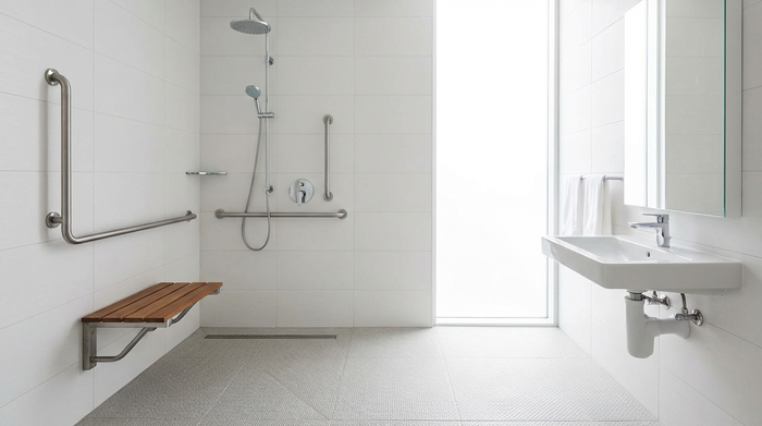 Ein modernes, hell gefliestes, barrierefreies Badezimmer mit einer großzügigen, ebenerdigen Dusche. Elegante, stabile Haltegriffe aus Edelstahl sind an der Wand angebracht. Ein sicherer, rutschfester Boden rundet das altersgerechte Design ab.