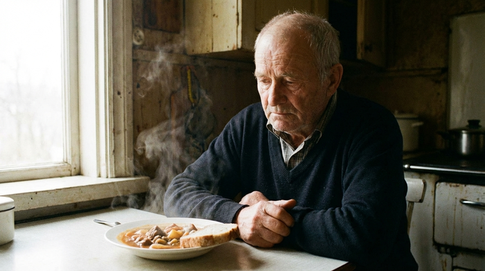 Ein älterer Herr sitzt nachdenklich vor einem Teller mit warmem Essen, das er nicht berührt. Sanftes Licht fällt durch das Fenster, die Szene wirkt ruhig und leicht melancholisch, fokussiert auf die Mimik des Mannes.