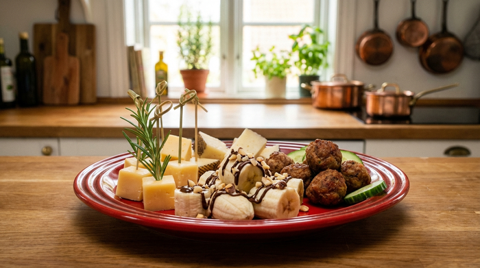 Ein ansprechend angerichteter, roter Teller mit mundgerechtem Fingerfood: kleine Käsewürfel, weiche Bananenstücke und kleine Frikadellenbällchen. Realistische Nahaufnahme in einer gemütlichen und aufgeräumten Küche.