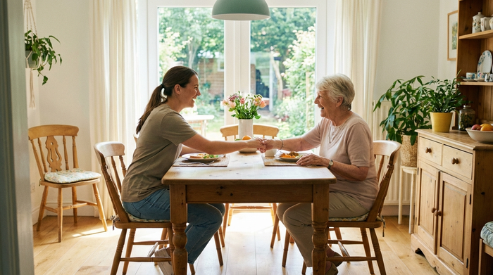 Eine professionelle Pflegekraft in unauffälliger Kleidung sitzt gemeinsam mit einer fröhlichen Seniorin am Esstisch und unterstützt sie einfühlsam bei der Mahlzeit. Helle, freundliche und entspannte Umgebung.