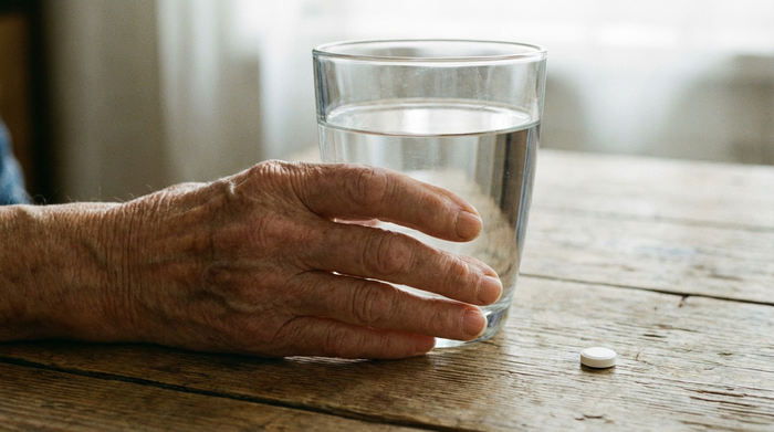 Nahaufnahme einer faltigen, älteren Hand, die ein großes Glas klares Wasser hält. Auf einem rustikalen Holztisch liegt eine einzelne weiße Tablette. Helles, weiches Licht, realistische Fotografie ohne Schriftzüge.