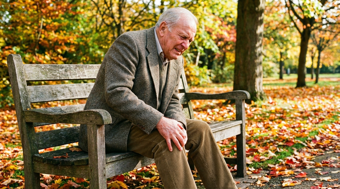 Ein Senior fasst sich mit schmerzverzerrtem Gesicht an sein Knie, während er auf einer Holzbank im herbstlichen Park sitzt. Realistische Szene, warme Herbstfarben, klare Umgebung ohne Text oder Diagramme.