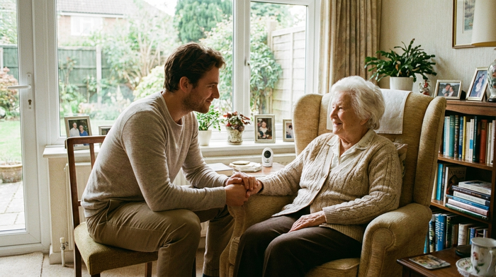 Eine einfühlsame Pflegekraft hält sanft die Hand einer älteren Frau, die friedlich in einem Sessel sitzt. Ruhige, vertrauensvolle Stimmung in einem hellen, gemütlichen Wohnzimmer. Realistische Fotografie ohne Text.